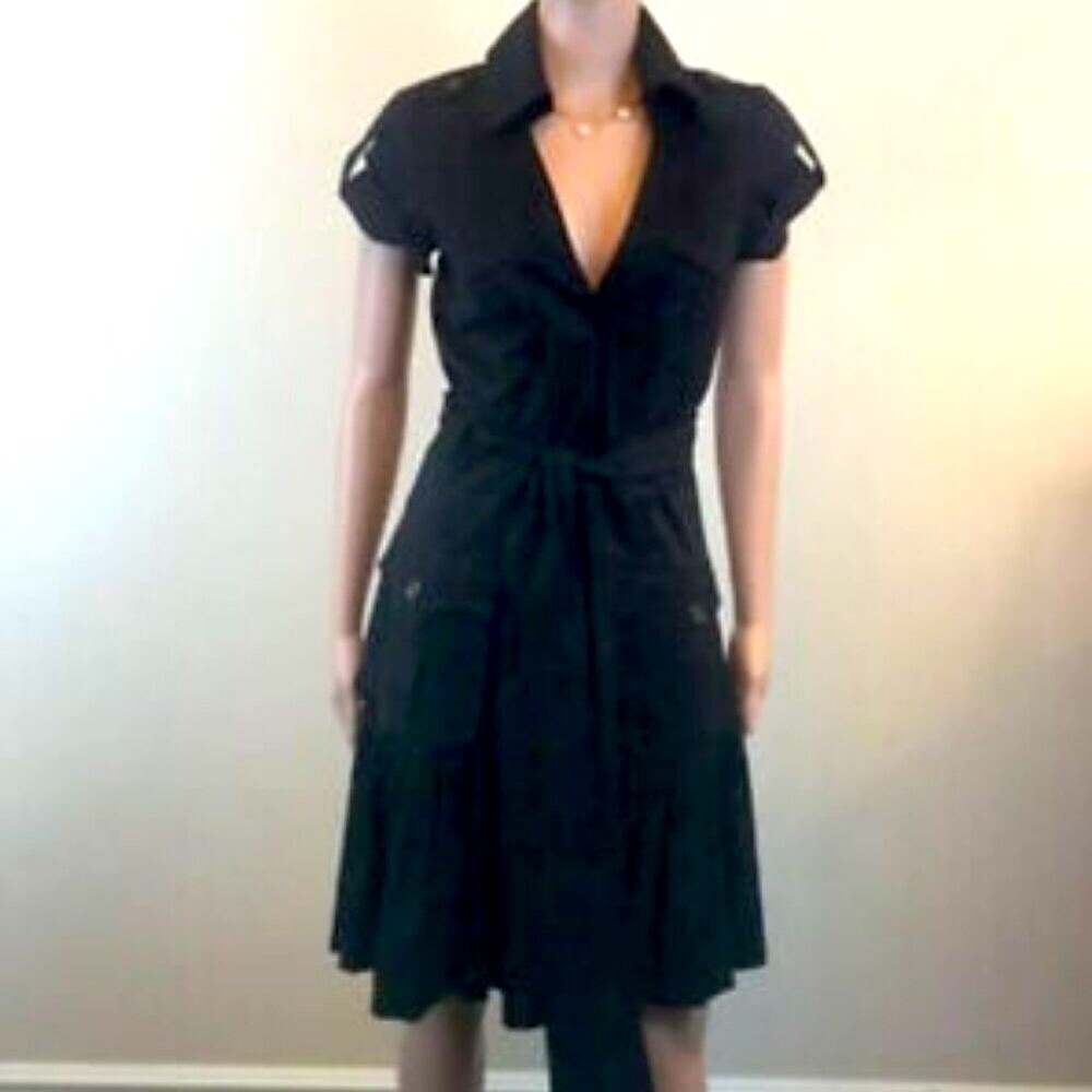 Y2K TWENTY-ONE Little Black Dress Pleated Wrap Tie Belt Epaulet Sleeves S
